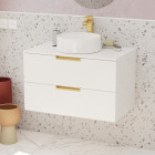 Meuble salle de bains 80 cm laqué blanc et or doré - 2 tiroirs - vasque ronde à poser blanche Aurlane - PACM675