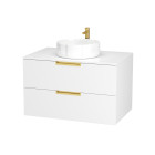 Meuble salle de bains 80 cm laqué blanc et or doré - 2 tiroirs - vasque ronde à poser blanche