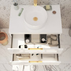 Meuble salle de bains 80 cm laqué blanc et or doré - 2 tiroirs - vasque ronde à poser blanche Aurlane - PACM675