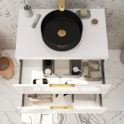 Meuble salle de bains 80 cm laqué blanc et or doré - 2 tiroirs - vasque ronde à poser noire Aurlane - PACM676