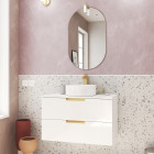Meuble salle de bains 80cm laqué blanc et or doré 2 tiroirs - vasque blanche - miroir & applique led Aurlane - PACM678