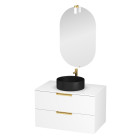 Meuble salle de bains 80cm laqué blanc et or doré 2 tiroirs - vasque noire - miroir & applique led Aurlane - PACM679