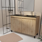 Meuble de salle de bains 120 cm 4 portes chêne naturel + vasque double céramique noire - timber Aurlane - PACM710