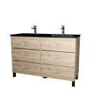 Meuble de salle de bains 120 cm 6 tiroirs chêne naturel + vasque double céramique noire - timber Aurlane - PACM712