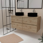 Meuble salle de bains 120cm 4 tiroirs chêne naturel - 2 vasques rondes 41cm en céramique noire Aurlane - PACM752