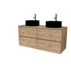 Meuble salle de bains 120cm 4 tiroirs chêne naturel - 2 vasques rondes 41cm en céramique noire Aurlane - PACM752