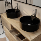 Meuble salle de bains 120cm 4 tiroirs chêne naturel, 2 vasques noires ø41cm et 2 miroirs 55x75 cm Aurlane - PACM764