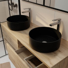Meuble salle de bains 120cm 4 tiroirs chêne naturel, 2 vasques noires ø36cm et 2 miroirs 55x75 cm Aurlane - PACM766