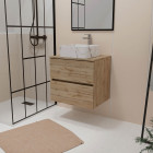 Meuble salle de bains 60cm 2 tiroirs chêne naturel + vasque carrée 38x38x13cm blanche effet marbre Aurlane - PACM738