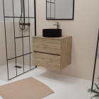 Meuble salle de bains 60cm 2 tiroirs chêne naturel + vasque ronde diamètre 36cm en céramique noire Aurlane - PACM741