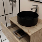 Meuble salle de bains 60cm 2 tiroirs chêne naturel + vasque ronde noire 36cm et miroir 60x80cm Aurlane - PACM760