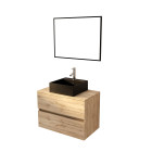 Meuble salle de bains 80cm 2 tiroirs chêne naturel + vasque carrée noire 41x41cm et miroir 60x80cm Aurlane - PACM762