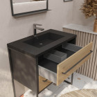 Pack meuble salle de bain 80 cm noir mat & bois 2 tiroirs - vasque noire effet pierre - miroir led Aurlane - LAV617