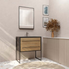Pack meuble salle de bain 80 cm noir mat & bois 2 tiroirs - vasque noire effet pierre - miroir led Aurlane - LAV617