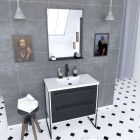Pack meuble de salle de bain 80x50 Blanc - 2 tiroirs + vasque résine blanche + miroir noir mat Aurlane - PACM023