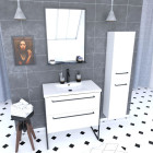 Pack meuble de salle de bain 80x50cm Blanc - 2 tiroirs blanc - vasque blanche + miroir noir mat Aurlane - PACM014