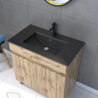 Pack Meuble SDB 80cm sur pieds 2 portes chêne - Vasque noire + Miroir Barber - TIMBER 80_Pack24 Aurlane - PACM234