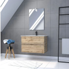 Pack Meuble SDB 80cm suspendu 2 tiroirs chêne - Vasque blanche + Miroir Led - TIMBER 80 - Pack37 Aurlane - PACM247