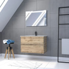 Pack Meuble SDB 80cm suspendu 2 tiroirs chêne - Vasque blanche + Miroir Led - TIMBER 80_Pack36 Aurlane - PACM246