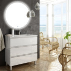 Meuble de salle de bain simple vasque - 3 tiroirs - palma et miroir rond led solen - blanc - 80cm
