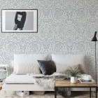 Papier peint floral damassé blanc et bleu Shabby Chic - ANTHROP++