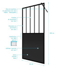 Paroi de douche 90x200 cm type verrières - Verre trempe et structure aluminium noir mat Aurlane - FAC504