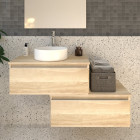 Meuble de salle de bain 2 tiroirs avec vasque à poser ronde pena et miroir led stam - bambou (chêne clair) - 120cm