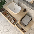 Meuble de salle de bain 2 tiroirs avec vasque à poser arrondie pena et miroir led solen - bambou (chêne clair) - 120cm