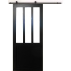 Porte coulissante atelier en enrobe noir largeur 73 + rail en acier noir + 2 coquilles posees