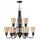 Suspension mayflower, bronze vieilli et verre, 9 ampoules