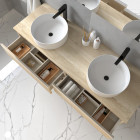 Meuble de salle de bain avec vasques rondes balea et miroir avec appliques - bambou (chêne clair) - 120cm