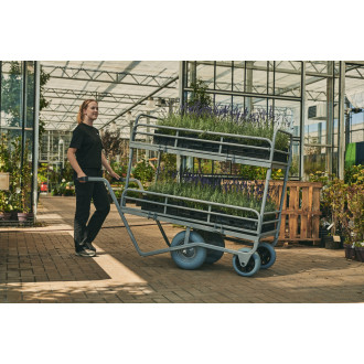 Chariot fleuriste grand, ridelles, roues increvables, 2 étagères