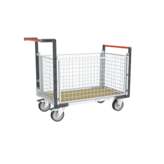 Chariot modulaire FLATPACK™ grillagé 2 dossiers + 2 ridelles plateau bois 1000 x 600 mm roues rectangle 500 kg - 806724545