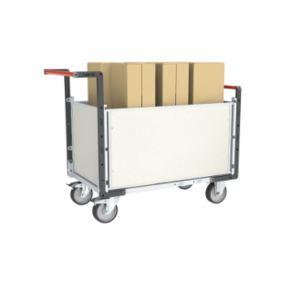 Chariot modulaire PP alvéolaire 2 dossiers + 2 ridelles, plateau bois médium 1000 x 600 mm, 500 kg