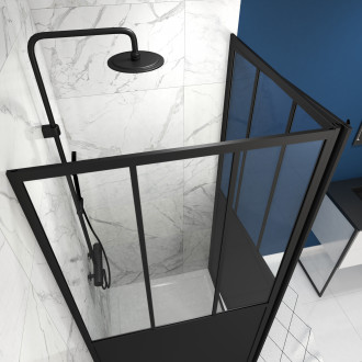 Pack paroi porte de douche pivotante + paroi retour atelier - 90x200cm profile noir mat - verre 5mm Aurlane - FAC408