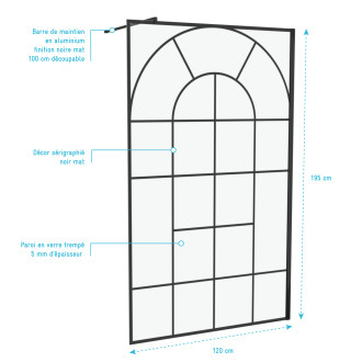 Paroi de douche déco 120x195cm - cadre et barre de fixation noir mat - verre 5mm sérigraphié - eden Aurlane - FAC686