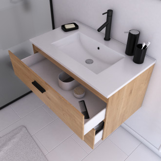 Meuble salle de bain 80 cm monté suspendu decor bois h46xl80xp45cm - avec tiroirs - vasque et miroir - box-in 80 wood Aurlane - LAV575