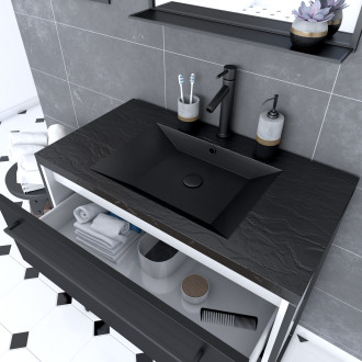 Meuble de salle de bain 80x50cm blanc - 2 tiroirs noir mat - vasque résine noire effet pierre et miroir noir mat - structura p029 Aurlane - PACM029