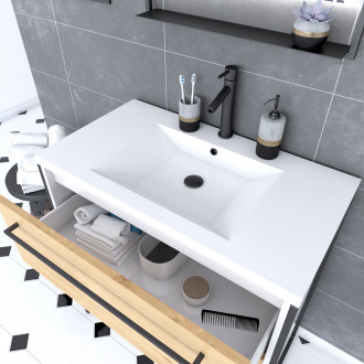 Meuble de salle de bain 80x50cm blanc - 2 tiroirs chêne naturel - vasque blanche - structura p032