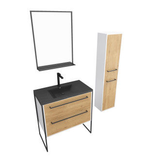Ensemble de salle de bain 80 cm chêne naturel + vasque noir + miroir led + colonne de rangement Aurlane - PACM042