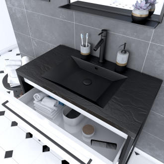 Pack meuble de salle de bain 80x50cm noir mat - 2 tiroirs blanc - vasque résine noire effet pierre et miroir noir mat - structura p051 Aurlane - PACM051