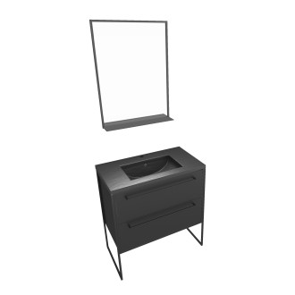 Meuble de salle de bain 80x50 cm - 2 tiroirs noir mat + vasque résine noire effet pierre + miroir Aurlane - PACM062