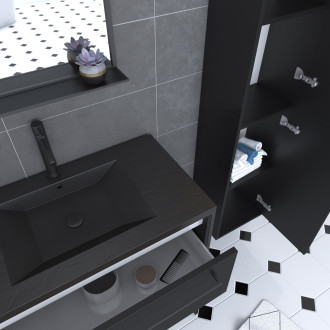 Pack meuble de salle de bain 80x50 cm noir - 2 tiroirs - vasque noire - miroir - colonne suspendu Aurlane - PACM064