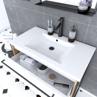 Ensemble de salle de bain blanc 80cm+ vasque en resine blanche 80x50 + tiroirs blanc mat + mirroir Aurlane - PACM078