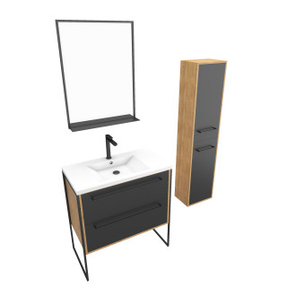 Meuble de salle de bain 80x50cm - vasque blanche 80x50cm -tiroirs noir mat + colonne + miroir Aurlane - PACM091