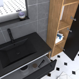 Meuble de salle de bain 80x50cm - vasque noir effet pierre -tiroirs noir mat + colonne + mirroir led Aurlane - PACM096