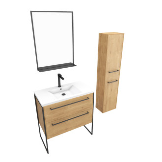 Meuble de salle de bain 80x50cm - vasque blanche - tiroirs finition chêne naturel + colonne + miroir Aurlane - PACM102