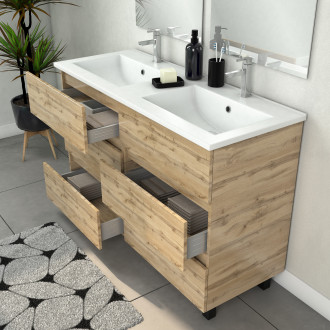 Meuble salle de bains 120cm 6 tiroirs chêne industriel + vasque blanche et miroirs avec appliques led - TIMBER Aurlane - PACM304