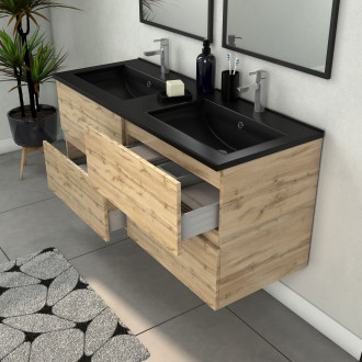 Meuble salle de bains 120cm 4 tiroirs chêne industriel + vasque noire et miroirs rectangulaires Aurlane - PACM305