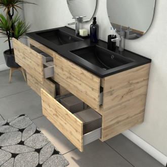 Meuble salle de bains 120cm 4 tiroirs chêne industriel + vasque noire et miroirs ovales Aurlane - PACM311